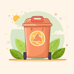 Eco-friendly orange wheeled recycling bin with a lid and a stylized leafy recycle logo.