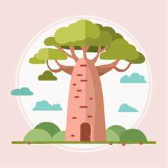 Whimsical baobab tree house with a thick pink trunk and lush green paper-cut style foliage.
