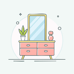 Flat line art illustration of a pink vanity table with a yellow mirror potted plant and perfume bottle.