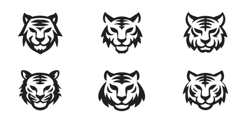 Tiger Head Icon Set – Wild Animal Vector Silhouettes and Emblems