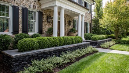 Stone facade house with manicured landscaping and columns