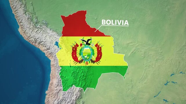 Zoom from Earth to Bolivia. (Country Flag) World map animation with highlighted country borders. Cinematic 3d world map animation highlights aerial views, tourism, and travel. 4k
