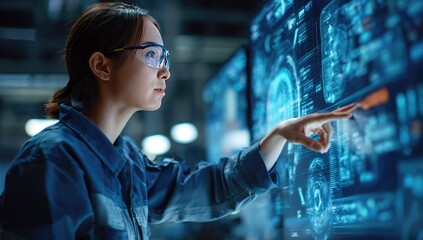 Woman interacting with digital interface in industrial setting