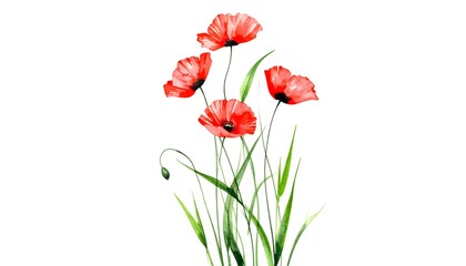 Naklejka premium Field Poppies and Ink Grass Stems isolated on white background. Abstract watercolor background