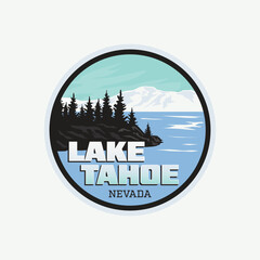 Lake Tahoe Badge Patch Stickers vector design Illustration with beautiful lake, tree and mountains