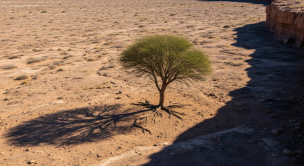 A solitary green acacia tree casts a long shadow across the arid, rocky desert floor.