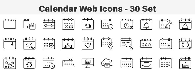 Web Calendar and Event Scheduling Line Art Icon Collection