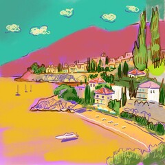 landscape with houses and trees near the sea