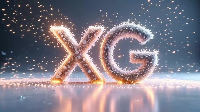 Futuristic glowing xg letters with sparks and icy texture on reflective surface
