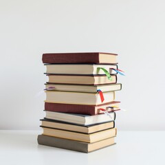 Book stack with bookmarks, flate white background