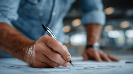 Architect's Precision: Focused view of hand and pen on a blueprint, capturing detailed precision and professional expertise.