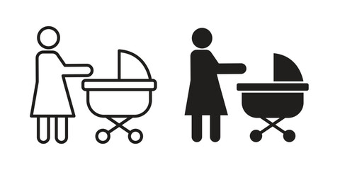 Woman with Baby Stroller icon logo set. thin line concept simple icon or design element