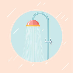 Fototapeta premium Colorful cartoon shower fixture with a red and yellow head blue pipe and streams of running water.
