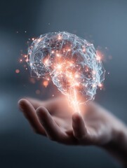 Futuristic AI Brain Hovers Above Hand in a Seamless Blend of Technology and Human Interaction Expressing the Future of Artificial Intelligence Design