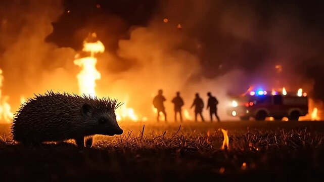 A hedgehog cautiously navigates a fiery scene with silhouetted figures and emergency vehicles
