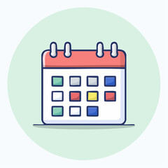 Cartoon desk calendar with red binder colorful squares and dark blue outlines Flat vector illustration.