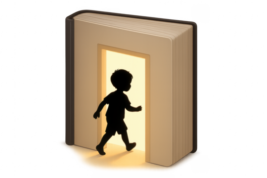 Child silhouette walking into open book with bright light and transparent background
