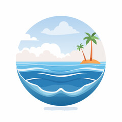 Seascape illustration featuring a tropical island with palm trees under a cloudy sky