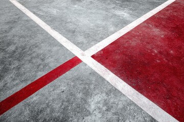 Fototapeta premium A 4K photo of 4K photo of red and white lines on the floor of an indoor basketball court, high-angle view, flat lay, high-resolution photography, stock photo, professional.