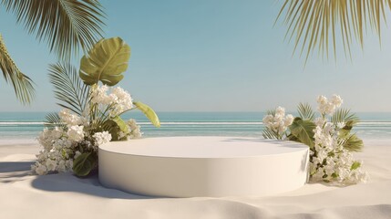 A 4K photo of 4K photo of 3D rendering of an empty podium on a beach background with summer tropical leaves and flowers for product display presentation mock-up, showcase.