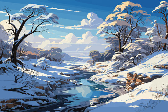 Serene winter landscape with snow-covered trees lining a winding river under a clear, bright sky.