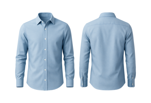 Front and back view of a light blue men s dress shirt isolated on transparent background