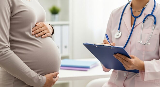 Pregnant woman consulting with doctor about healthcare and prenatal care in a bright, modern clinic setting