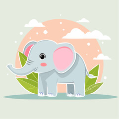 Fototapeta premium Cute gray cartoon baby elephant with large pink ears and rosy cheeks standing in profile.