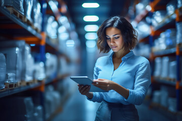 Elegantly dressed businesswoman using a tablet in a warehouse, standing near shelves with boxes. Female worker, data analysis during inventory, order management, logistics. Blue light, copy space.