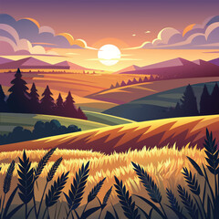 Serene illustration of a wheat field at sunset with rolling hills and lush trees