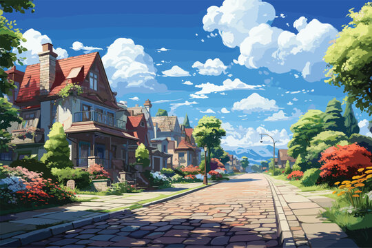 Peaceful Suburban Street vector and illustration 