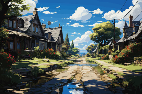 Peaceful Suburban Street vector and illustration 
