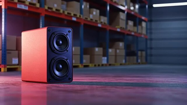 A vibrant red speaker positioned in a spacious warehouse filled with stacked boxes