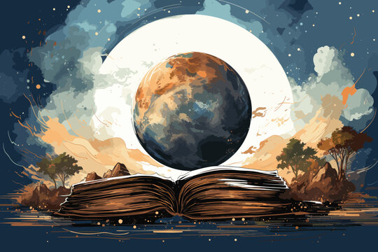 image of open antique book on wooden table with glitter overlay vector and illustration 
