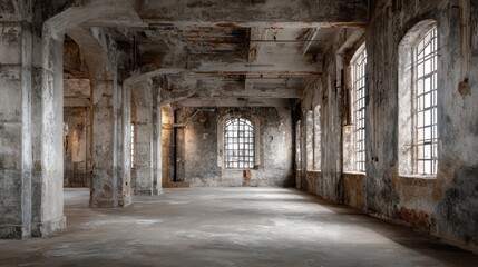 A 4K photo of 4K photo of abandoned Industrial Building Interior With Worn Concrete Walls and Windows.