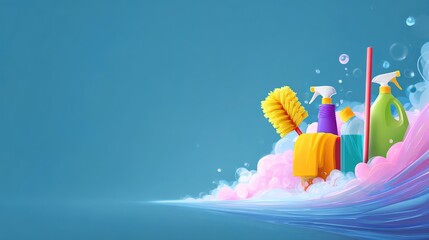 Cleaning Supplies with Bubbles and Colorful Containers on Blue Background