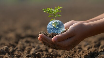 Hands Holding Earth Globe With Seedling in Soil for Sustainability