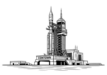 Obraz premium Iconic rocket launchpad with towering booster, ready for cosmic exploration and spaceflight adventure.