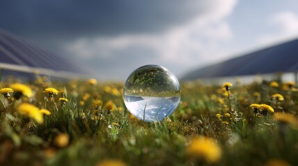 Crystal Ball Reflecting Nature in Flowering Meadow Under Sky