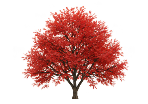 Red maple tree with full foliage in autumn color isolated on transparent background