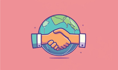 Global handshake symbolizing international business partnership and cooperation in a vibrant, modern style