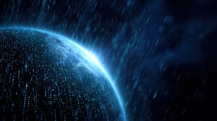 Abstract Blue Digital Planet with Data Rain Background for Design