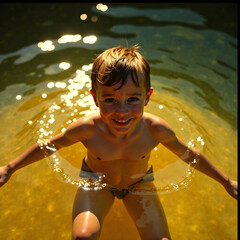 Happy child playing in shallow lake water under sunlight in summer day outdoors.