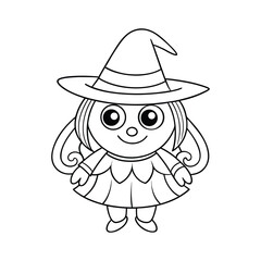 Halloween spooky witch wearing a hat coloring page vector illustration.