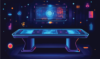 Futuristic command center with glowing holographic interfaces and data visualization, perfect for tech innovation.