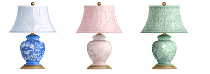 Three lamps with white shades, one lamp is blue and the second lamp is in a pink color the third lamp is in a green tone with in a transparent background.