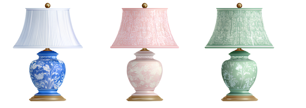 Three lamps with white shades, one lamp is blue and the second lamp is in a pink color the third lamp is in a green tone with in a transparent background.