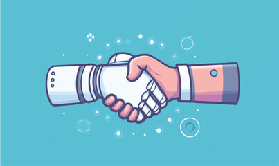 Human and robot shaking hands symbolizing partnership and future collaboration success