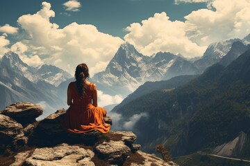 Fototapeta premium Young woman practicing yoga in mountains enjoying breathtaking view of himalayas