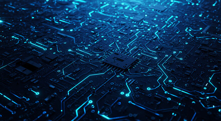 Futuristic circuit board with a central processing unit and glowing blue data pathways. Digital technology and AI concept.